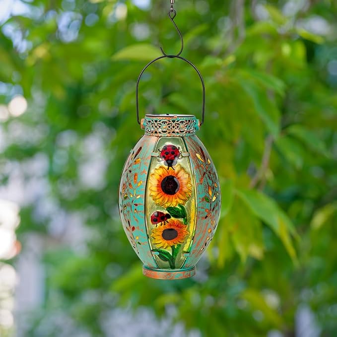 Sunflower Solar Lanterns Outdoor Waterproof,Hanging Solar Lantern,Sunflower Lanterns Decorative Outdoor,Glass & Metal Solar Lights for Tabletop Patio Porch Decor