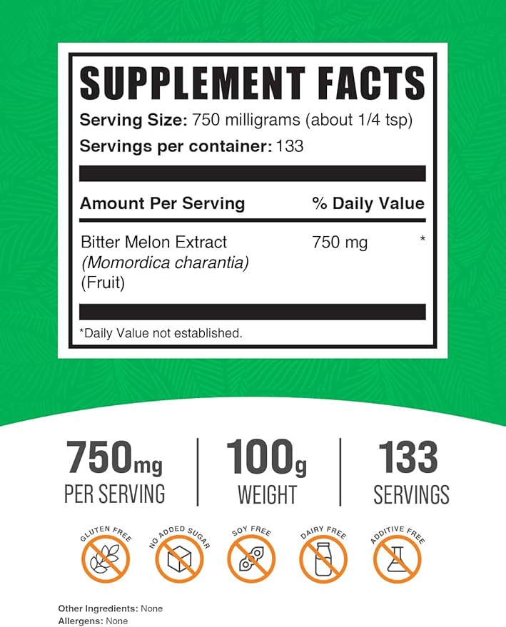 BulkSupplements.com Bitter Melon Extract Powder - Bitter Melon Supplement, Bitter Gourd Extract - Herbal Supplement, Gluten Free, 750mg per Serving, 100g (3.5 oz) (Pack of 1)