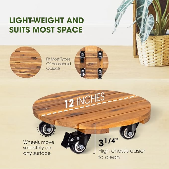Idzo 2pack Wood Plant Caddy With Wheels Heavy Duty, 264 Lbs Capacity, 12 Inch Acacia Hardwood Plant Dolly, Plant Stand with 360° Lockable Wheels, Plant Caster for Heavy Objects Hauling - Natural Wood