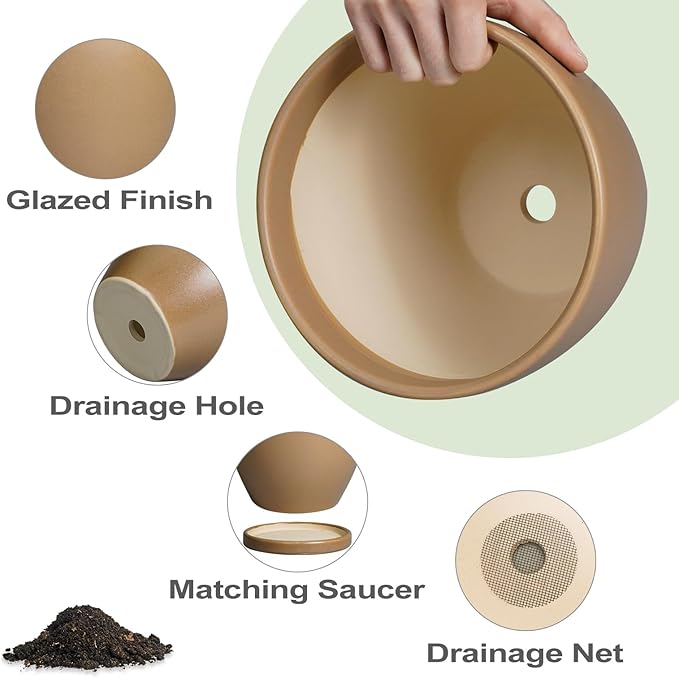 10 Inch Planter - Ceramic Pots for Plants, Planters with Drainage Hole and Tray, Modern Flower Pots Indoor, Home Living Room Patio Porch Garden Office Decor, Brown