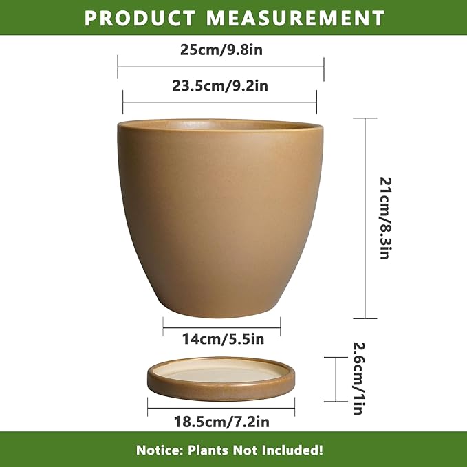 10 Inch Planter - Ceramic Pots for Plants, Planters with Drainage Hole and Tray, Modern Flower Pots Indoor, Home Living Room Patio Porch Garden Office Decor, Brown