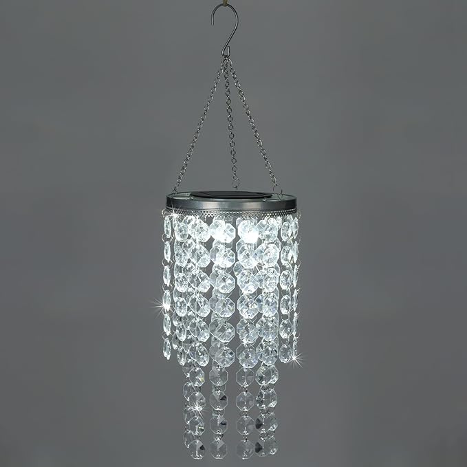 Hanging Solar Lantern Outdoor, 2 Tiers 21” Solar Transparent Acrylic Beaded Chandelier with Cool White LED S Hooks for Garden Yard Patio Gazebo Outside Decor