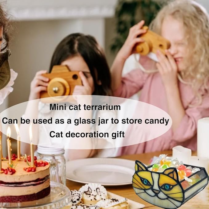 Stained Glass Yellow Cat Flower Pot,Small Succulent Planter for Indoor Plants,Cat Plant Decoration for Windowsill 4.33x3.54x2.95 in(Excluding Plants)