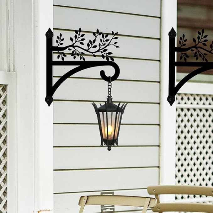 peacoblue Iron Plant Hangers Hooks for Outdoor Indoor Hanging Plants Flower Fern Pots Lantern Bird Feeder, 13"x14" Weather Resistant Metal Wall Holder for Porch Garden Farmhouse(Leaves with Branches)