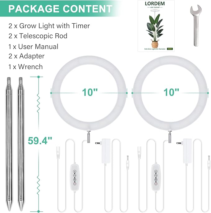 LORDEM 10" Grow Light for Indoor Plants, Full Spectrum Plant Lamp with160 LEDs, 4H/8H/12H Timer, 10 Dimmable Levels, 3 Spectrum Modes, Height Adjustable 61", Ideal for Large Tall Plants, Pack of 2