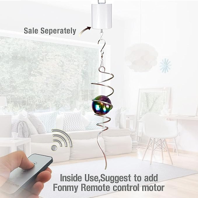 Fonmy Gazing Ball Spiral Tail -Decorative Wind Spinner 11 inch Tail and 2 inch Steel Orb. Indoor Outdoor Garden Decoration Silver Multi Color Ball -13 inch Height