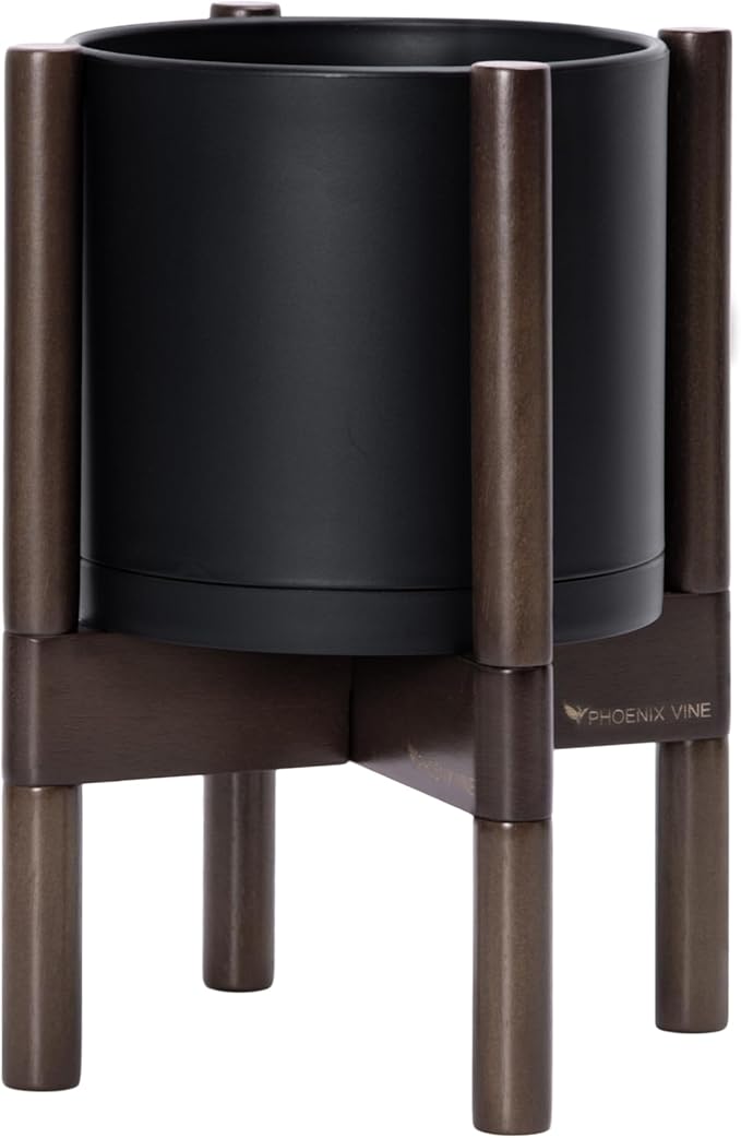 D'vine Dev Planter Pot with Stand - 8 Inch Plastic Cylinder Flower Pot with Wood Planter Holder for Indoor, Matte Black Pot + Walnut Color Stand, 55-C-I-2