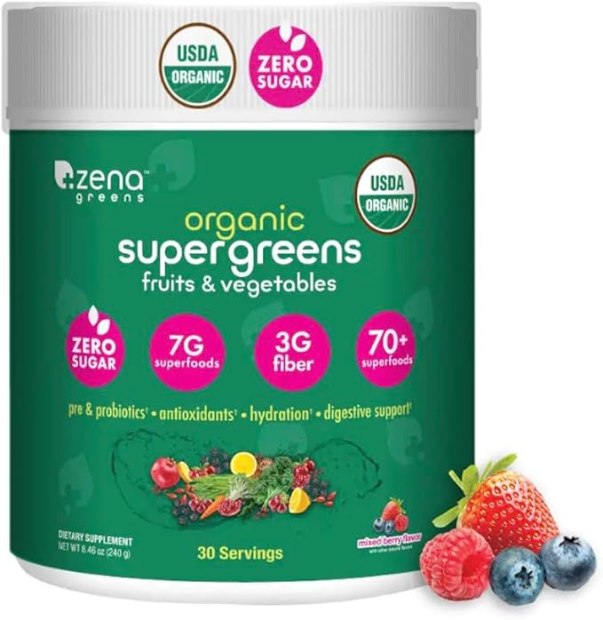 Zena Greens Organic SuperGreens Powder 30 Day 70+ Superfood 3G Fiber 0 Sugar