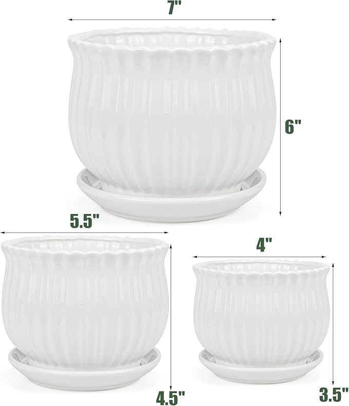Yesland Ceramic Flower Plant Pots with Saucer, Set of 3 in Different Sizes, Modern Round Ceramic Succulent Planter Pots with White Stripe Texture for Garden
