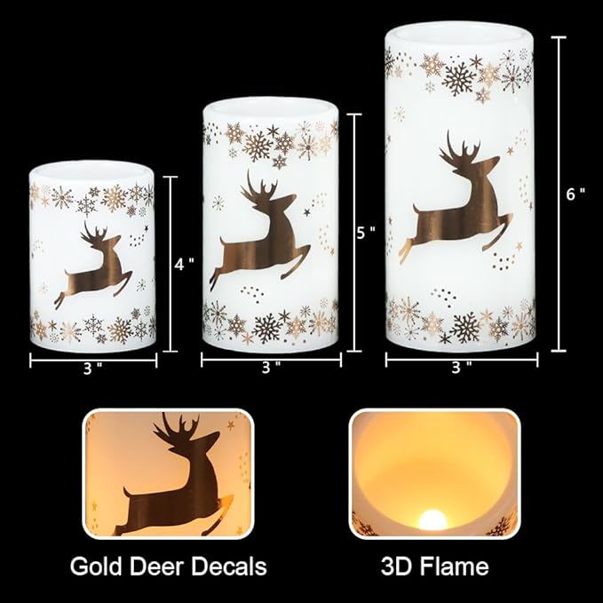 KunSween Christmas Flameless Candles with 6H Timer, 3 Pack LED Flickering Candles with Gold Deer Decals and Real Wax, Christmas Winter Decorations for Home Indoor Table Centerpieces
