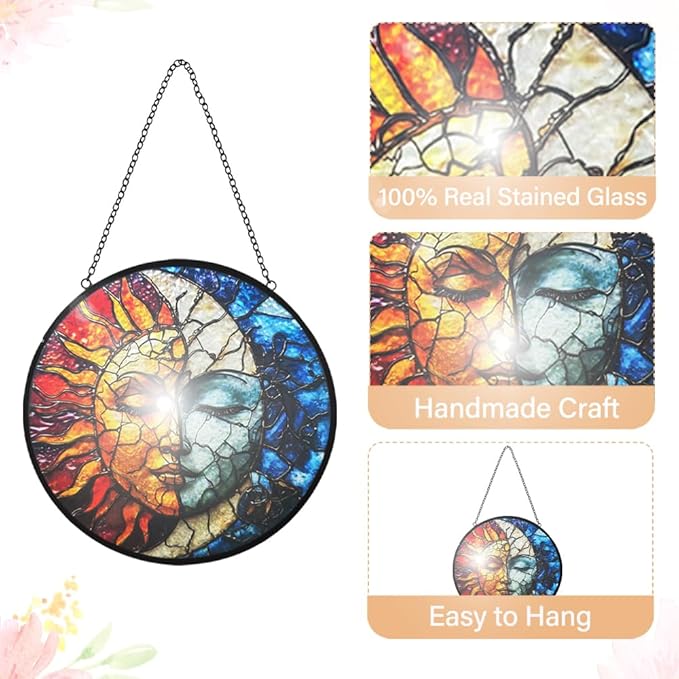 Sun and Moon Decor Suncatcher Stained Glass Window Hanging - Wall Art Stained Glass Suncatchers for Windows Hanging - Home Sun Catchers Indoor Window with Chain - Celestial Decor Gifts for Women Mom