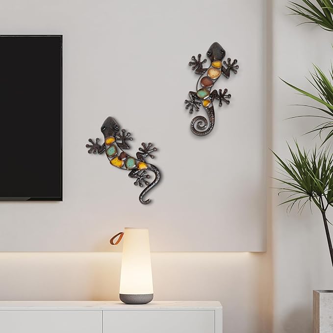 LIFFY Metal Gecko Wall Decor Large 2 Pack, Outdoor Lizard Wall Art, Metal Lizards Wall Decor, Gecko Metal Wall Art for Home Garden Yard Fence(15inch)