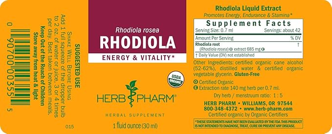Herb Pharm Certified Organic Rhodiola Root 1 Ounce (090700003555)