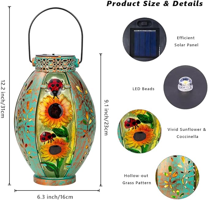 Sunflower Solar Lanterns Outdoor Waterproof,Hanging Solar Lantern,Sunflower Lanterns Decorative Outdoor,Glass & Metal Solar Lights for Tabletop Patio Porch Decor