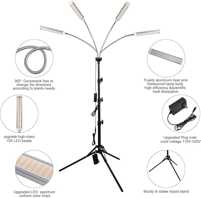 LED Grow Lights for Indoor Plants, 420 LEDs Full Spectrum Plant Lights for Indoor Growing with 15-63 inches Adjustable Tripod Stand, 4 Heads Floor Grow Lamp with 3/6/12H Auto On/Off Timer Function