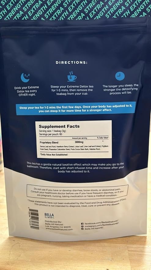 Bella All Natural Extreme Detox Tea - Body Cleanse, Colon Cleanser & Detox, Natural Herbs, 3.17 Ounce