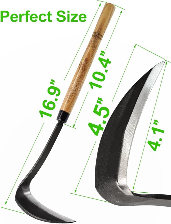 Japanese Weeding Sickle Hoe, 17" Gardening Hand Weeder Nejiri Kama Blade Tool Digging and Cutting Weed Remover, High-Carbon Steel One-Piece Molding with Hard Wood Handle, Very Sharp Edge Quick Work