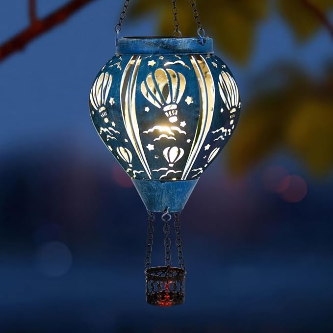 Hot Air Balloon Solar Lantern, Hollow Out Solar Powered Hot Air Balloon Lantern Outdoor Waterproof, Blue Metal Hanging Hots Airs Balloons Solars Light for Outdoor Patio Garden Decor