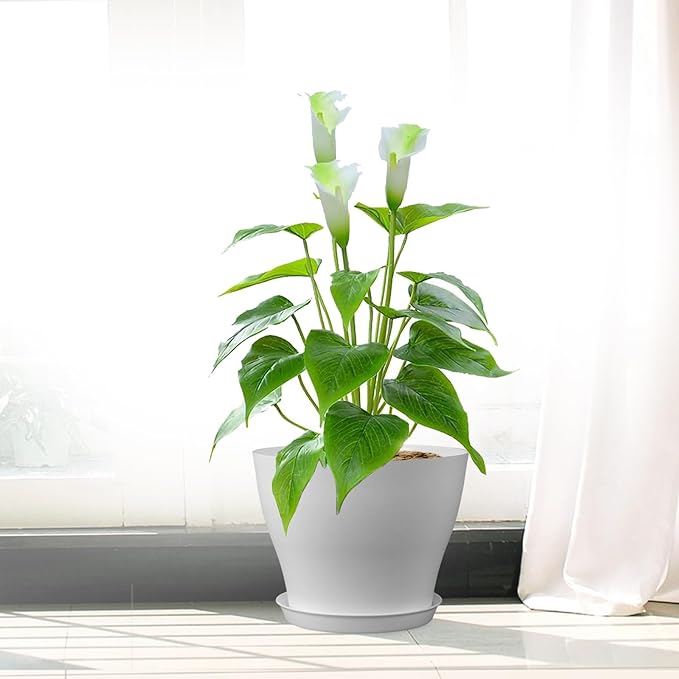 6 inch Plastic Nursery Pots, Seedling Pots, 16 Pack Plant Pots for Small Indoor Outdoor Plants, Flower Pots with Drainage Holes and Saucers, Decorative Planters for House Plants, White