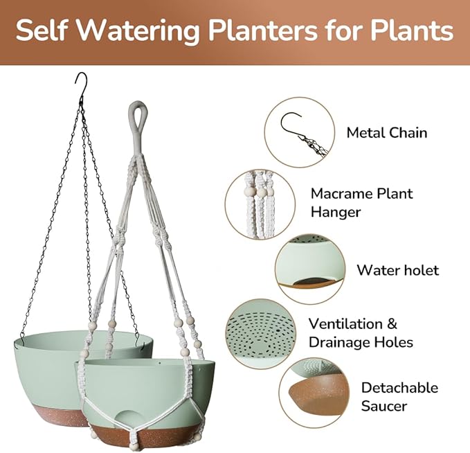 12 Inch Hanging Baskets for Plants Outdoor, Hanging Planters for Indoor Outdoor Plants, Hanging Planter with Self Watering, Hanging Flower Pots (Green Planter with Macrame + Iron Hangers)