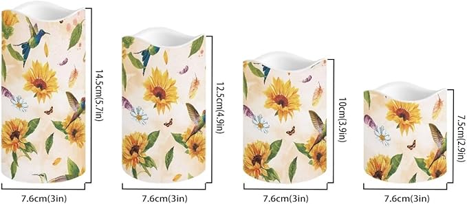 Ystardream Sunflower Hummingbird Flameless Candles with Timer Led Candles Flickering 4 Candle Sets for Home Decor,18 Key Remote Control,Dancing Flame, True Wax, Battery Powered.