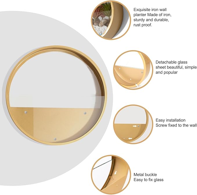 3 Pack Set Wall Planters,Modern Round Glass Wall Planter Succulent Planter Circle Iron Hanging Planter Vase for Herb,Small Cactus Perfect for Balcony, Room and Patio Decor (Gold)