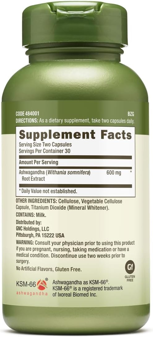 GNC Herbal Plus Ashwagandha 600mg, Stress 60 Capsules
