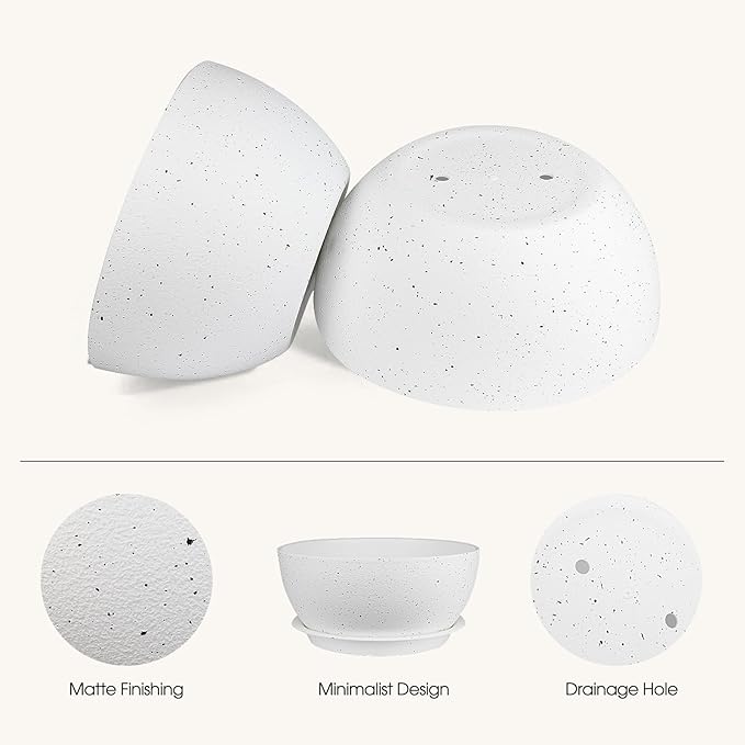 10 inch Plant Pots Pack of 2, Plastic Planter with Drainage Holes and Saucers, Plant pots for Indoor Outdoor Use, Flower Pots for All House Plants (Speckled White)