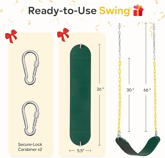 Decorlife 2 Pack Outdoor Swings Seats with 66" Rust-Resistant Heavy Duty Chain, Playground Swing Set Accessories Replacement Anti-Slip Seats, Backyard Swing Support 330lb for Kids or Adults (Green)