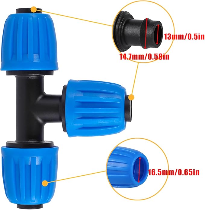 1/2" Drip Irrigation Lock Barbed Tee Connectors 1/2 inch PE Tubing (OD 0.620 in.ID is 0.520. in), Anti-Drop Straight Tee For Irrigation Tubing Fittings (8 Pcs Blue)