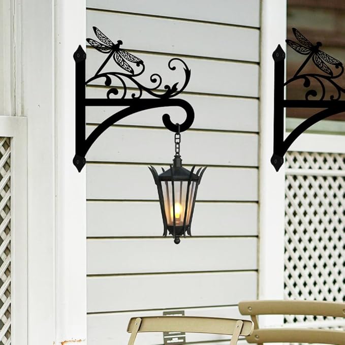 peacoblue Iron Plant Hangers Hooks for Outdoor Indoor Hanging Plants Flower Fern Pots Lantern Bird Feeder, 12"x15" Weather Resistant Metal Wall Holder for Porch Garden Farmhouse(Vintage Dragonfly)