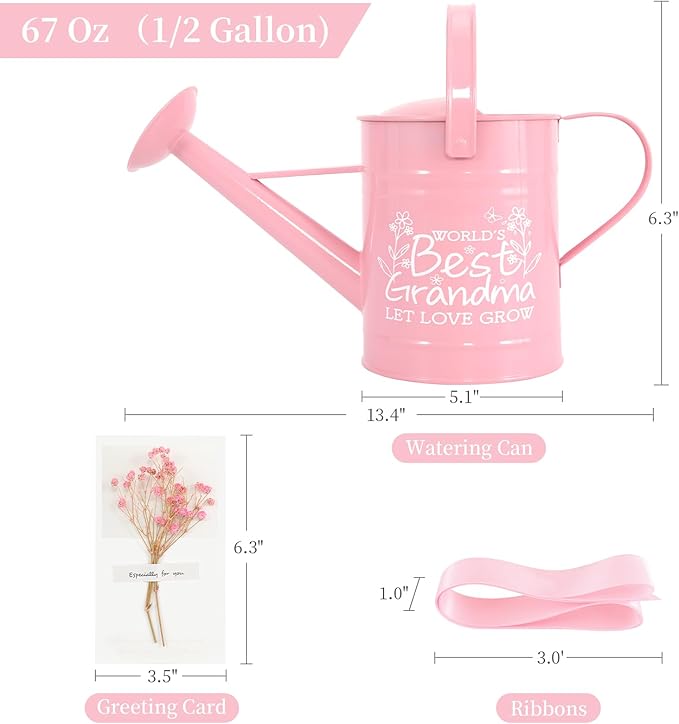 Gifts for Grandma, Gardening Gifts for Women,Grandma Gifts from Grandkids, Best Gifts for Grandma, Nana,Mimi,Gigi, Oma, Metal Watering Can for Indoor Plants,1/2 Gallon,Pink 