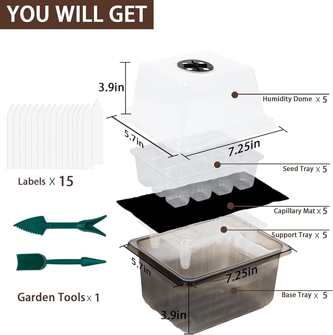 Seed Starter Trays Self-Watering - Kit with Humidity Dome, 5-Pack 60-Cell Plant Seedling Tray,Reusable Germination Trays for Indoor Gardening Seeds Growing Starting