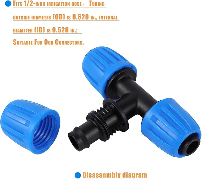 1/2" Drip Irrigation Lock Barbed Tee Connectors 1/2 inch PE Tubing (OD 0.620 in.ID is 0.520. in), Anti-Drop Straight Tee For Irrigation Tubing Fittings (8 Pcs Blue)