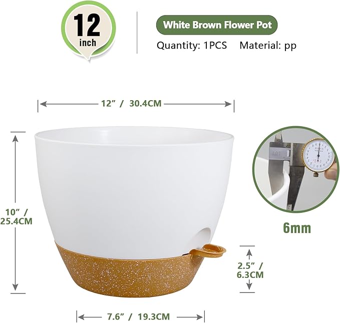 12 inch Large Self Watering Pots for Indoor Outdoor Plants, Plant Pots with Mesh Drainage Holes for Garden House Plants, Plastic Planters with Reservoir for Flower Plants, White with Brown