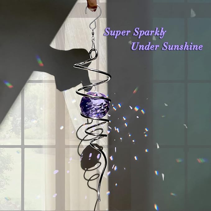 Fonmy Gazing Ball Spiral Tail -Decorative Wind Spinner Sun Catcher Rainbow Maker 11 inch Tail and 2 inch Purple Crystal Orb. Indoor Outdoor Garden Decoration -13 inch Height