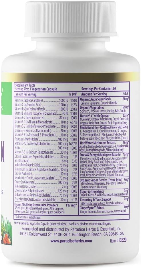 Paradise Herbs, Earth's Blend, Multivitamin, 48 Organic B12, C, K2, Daily 60