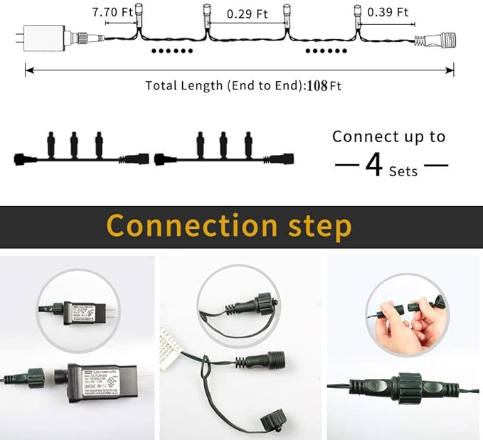 Christmas String Lights End-to-End Plug 8 Modes 108FT 300 LED IP55 Outdoor Waterproof UL Certificated Indoor Fairy Lights Garden Wedding Christma Trees Parties Decoration White Light
