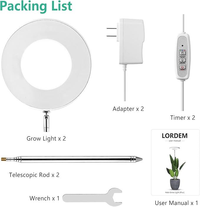 LORDEM Full Spectrum LED Grow Lights, Brightness Adjustable Plant Lamps with Auto On/Off Timer, Height Adjustable Growing Lights for Indoor Plants, Pack of 2