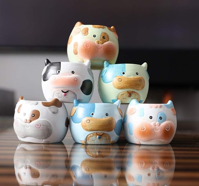 Cow Planter Pots for Small & Succulent Sized Plants, Decorative Indoor & Outdoor Garden Backyard Flower Ceramic Pot Planter Holder, Set of 6, 2.7 in