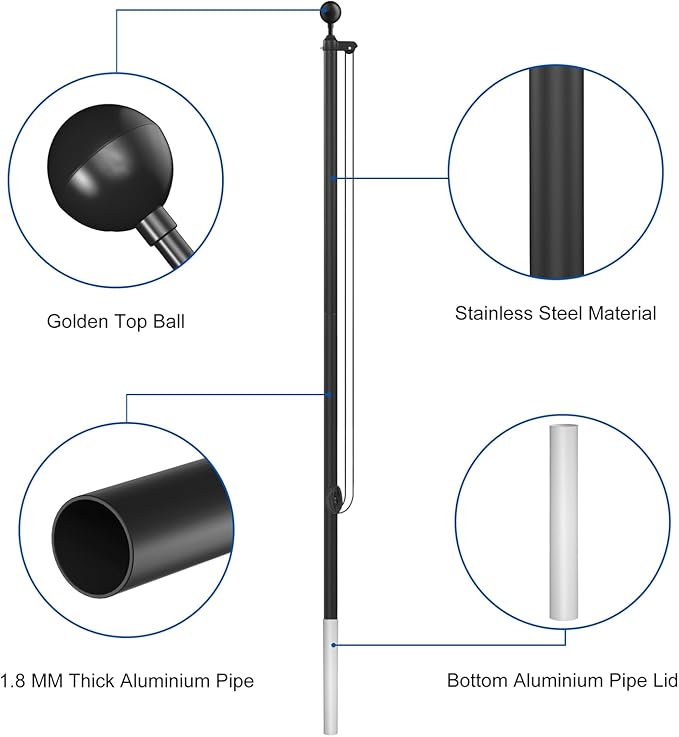 Flag Pole Kit 20FT, 12 Gauge 1.8mm Thickness Heavy Duty Flag Poles with 3x5 American Flag, Black Flag Pole for Outdoor House In Ground, Extra Thick Flagpoles Suitable for Yard and Garden