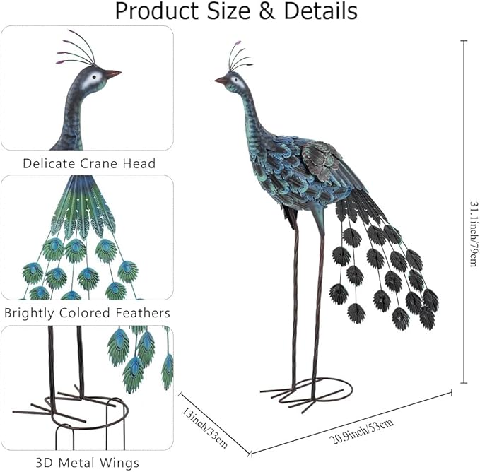 VEWOGARDEN Peacock Outdoor Garden Sculptures & Statues Metal Peacock Yard Art for Lawn Patio Pool Outside Decorations