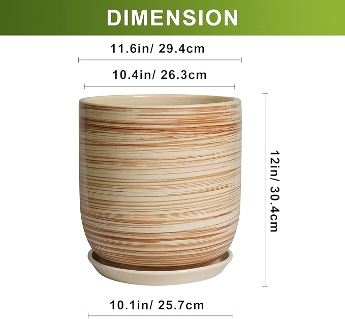 12 Inch Pots for Plants - Ceramic Planters for Indoor Plants, Large Planter Pot for Home Garden Patio Office with Drainage Hole Cylinder Flower Pot Yellow