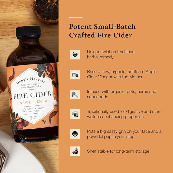 Hany's Harvest Unsweetened Fire Cider – 8 fl oz Glass Bottle | All-Natural, Small-Batch, Handcrafted, Non-GMO, Gluten-Free, Immune & Digestive Support