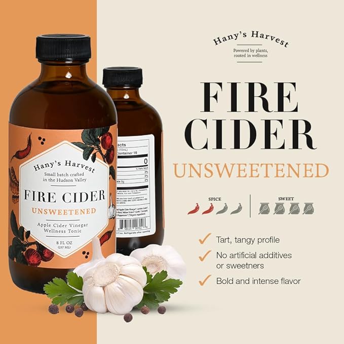 Hany's Harvest Unsweetened Fire Cider – 8 fl oz Glass Bottle | All-Natural, Small-Batch, Handcrafted, Non-GMO, Gluten-Free, Immune & Digestive Support