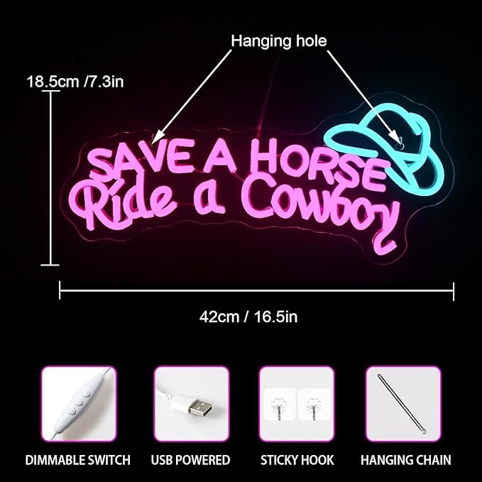 WLHOPE Save A Horse Ride A Cowboy Neon Sign Adjustable Brightness Led Sign,Neon Signs for Wall Decor,Connectivity Via USB Licked Neon Light for Bedroom Home Bar Club Hotel Party Decor
