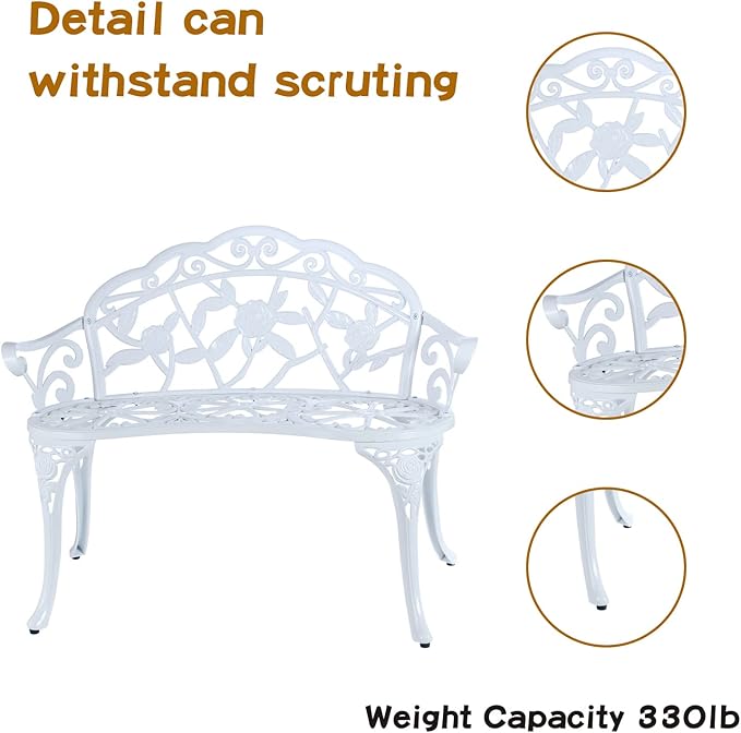 JARDIN DE CENTENNIAL Patio Garden Bench Metal Park Bench Cast Aluminum Outdoor Furniture with Floral Rose for Patio,Park,Lawn,Yard (White)