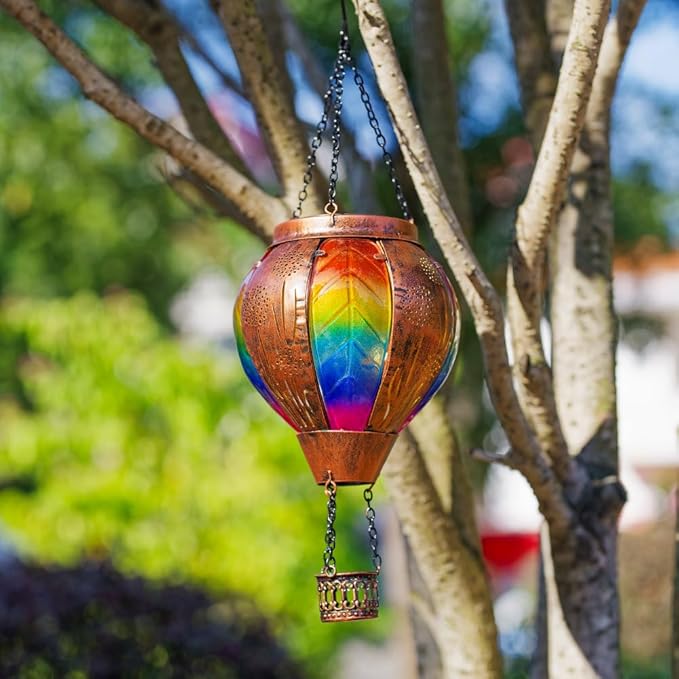 Hanging Hot Air Balloon Solar Lantern Waterproof, Solar Hot Air Balloon Lights with Flame Outdoor Garden Yard Patio Decor, Dandelion Colorful Lanterns Gifts for Mom