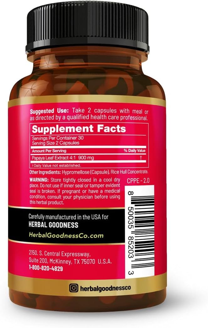 Herbal Goodness Papaya Leaf Blood Platelet Capsules 60/600mg 20x 20x Strength