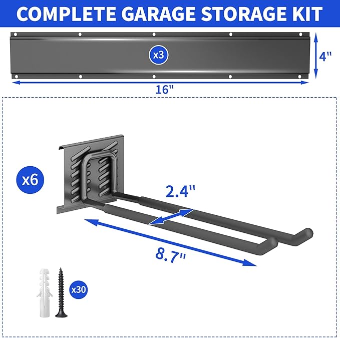 Garage Organization Tool Organizer Wall Mount, 48inch Heavy Duty Garden Tool organizer Storage System, Easy Install With 6 Adjustable Straight Hooks, For Garage, Basement, Shed, Workshop(Black)